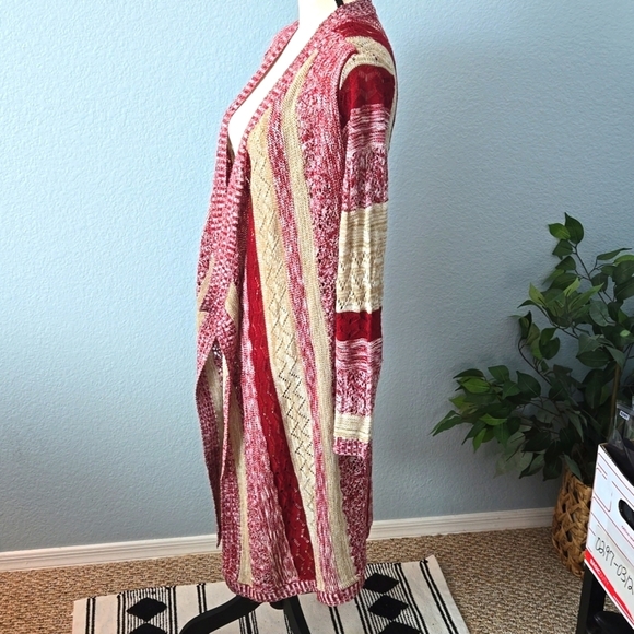 ABSOLUTELY FAMOUS Burgundy Beige open front long line cardigan waterfall Small - Picture 4 of 9